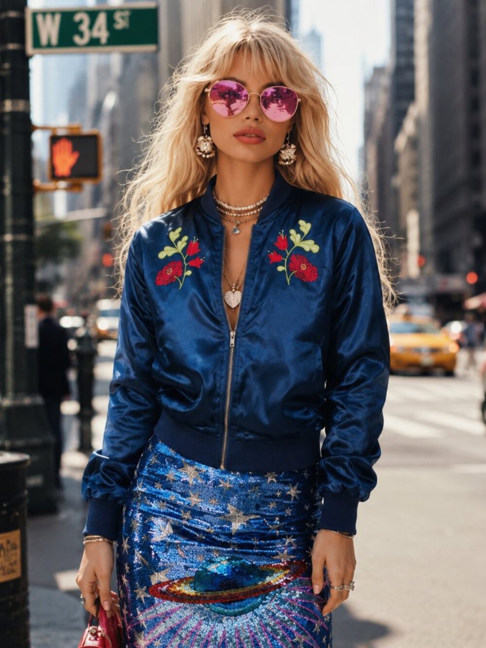 Anthro Satin Smooth Floral Embroidery Navy Satin Floral Bomber Jacket